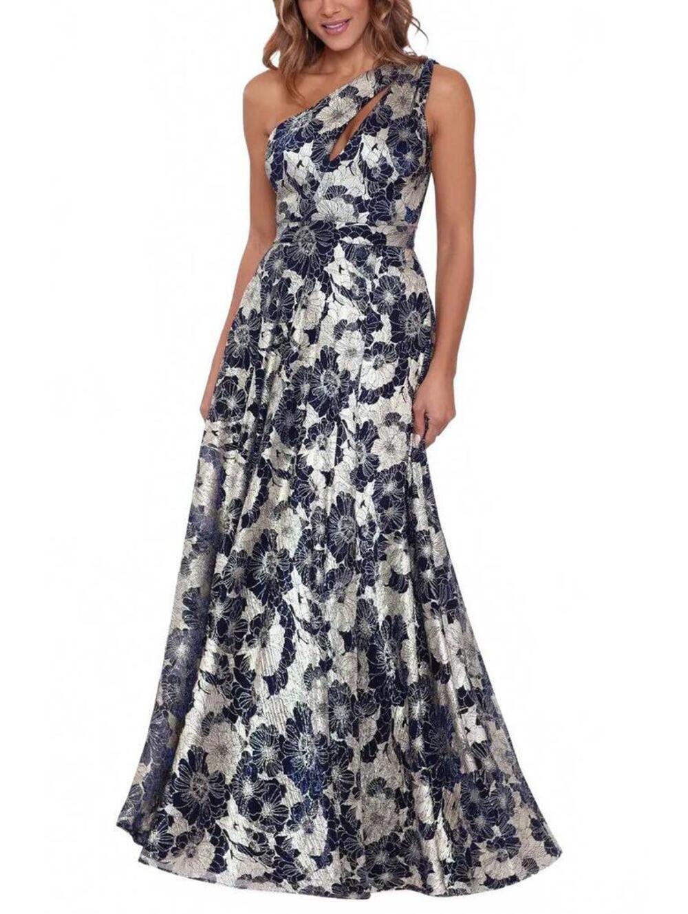 Betsy & Adam Women's One-Shoulder Navy Gold Floral Evening Gown Dress Size 12
